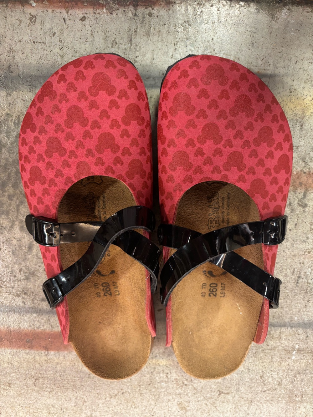 Birkenstock Disney Red Patterned Clogs with Black Patent Crossover Straps